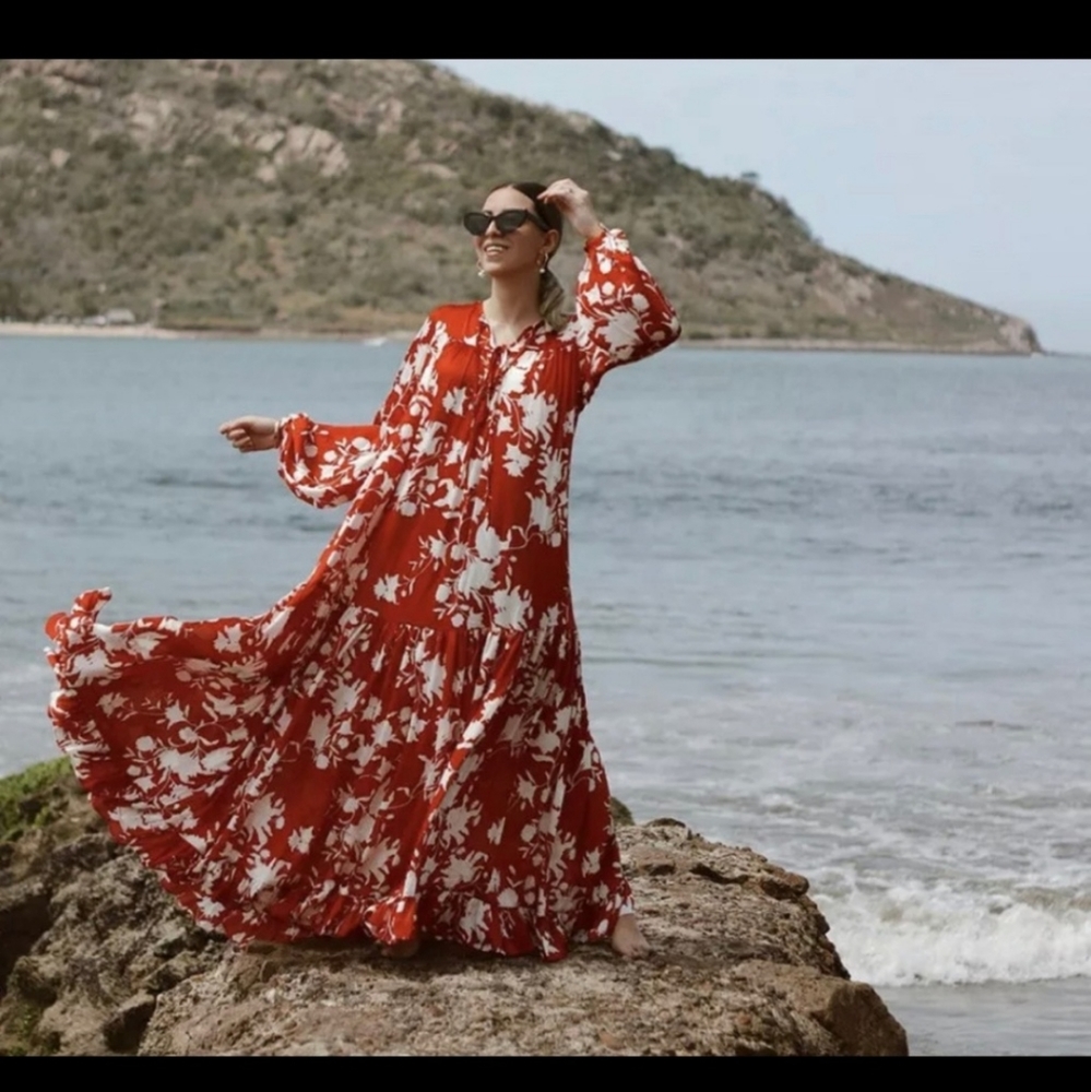 H&M X HM X Johanna Ortiz Red Floral Satin Dress